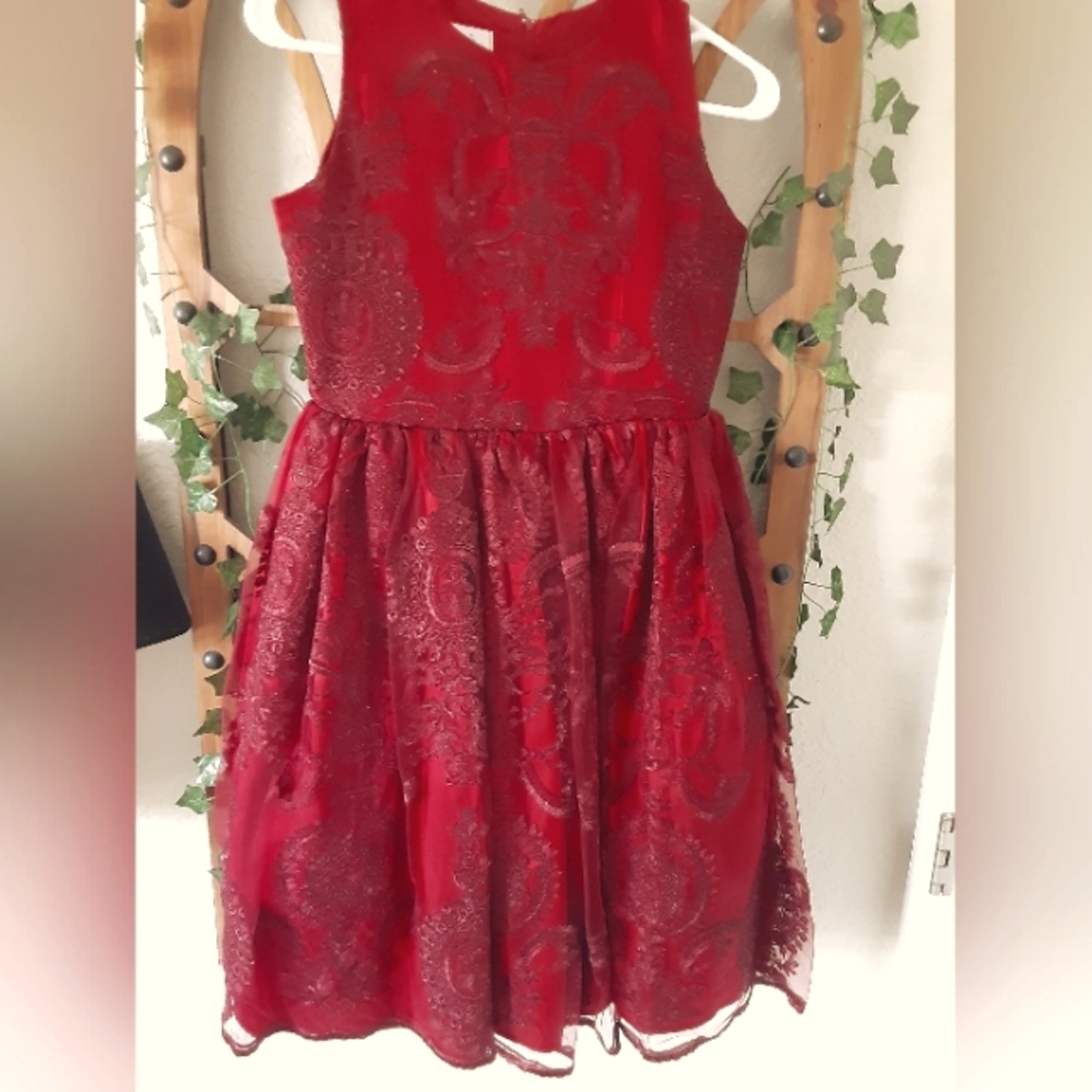 Beautiful red lace chasing fireflies Christmas dress. Size 14